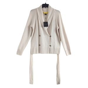 ST. JOHN Wool Knit Belted Button Down Cardigan Sweater in Linen Size Medium